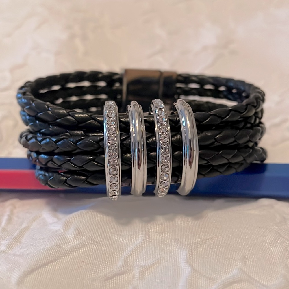 Chicos black 6 strand leather and faux silver and diamond bracelet